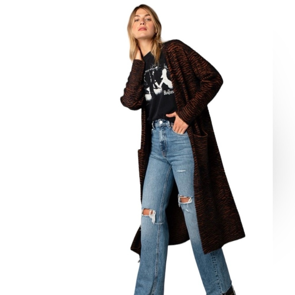 Love Stitch Long Open-Front Tiger-Stripe Cardigan in Black and Brown